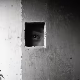 a black and white photo with a half - moon face looking through the hole