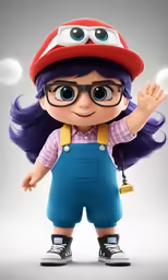 a doll with blue hair and glasses wearing overalls