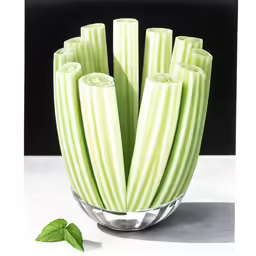 a glass vase filled with long sticks of celery