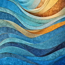 a painting of blue waves with golden highlights