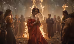 the girl in the red dress is surrounded by people
