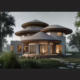 a round home surrounded by green and stone