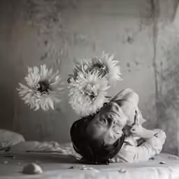 a girl laying on top of a bed with large flowers