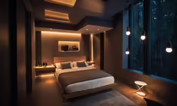 a neatly made bedroom with lamps and a bed