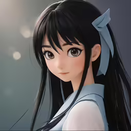 an animation character with long black hair wearing blue