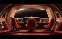 a room filled with red chairs and seats next to an airplane window