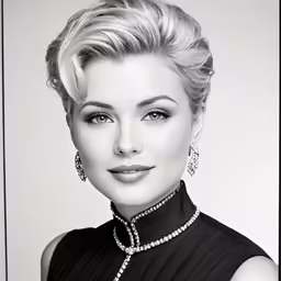 a beautiful blond woman wearing a very high bun with pearls