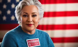 a portrait of a woman with a krisham and nixon t - shirt on