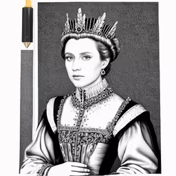 a pen drawing of a woman with her hair in a tiara