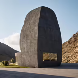 a large boulder building is outside in the sun