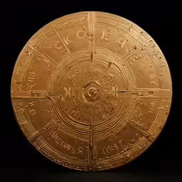 a gold plate with many symbols on it