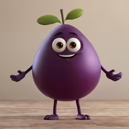 a purple egg is showing his hands, ears and eyes
