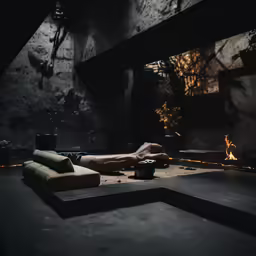 a dark living room is shown with an unusual couch and fire