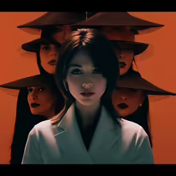 a woman in a suit with a bunch of hats on her head