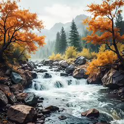 the stream runs through the woods, with rocks in it