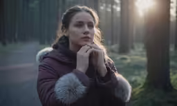 a woman in a jacket stands near trees