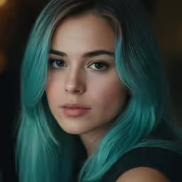 a beautiful lady with long blue hair is wearing an elegant black dress