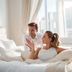 man and woman sitting on white sheets looking at each other