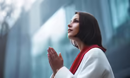 a woman is standing in front of a building and talking