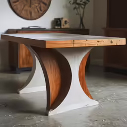 a very elegant wooden table on a concrete floor