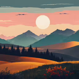 a mountain landscape that includes a red and orange sunset,a landscape of a sunset and mountains with trees