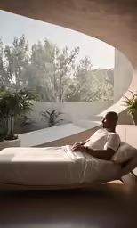 a black man laying in a long curved bed