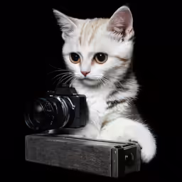 small cat leaning on a camera and taking picture