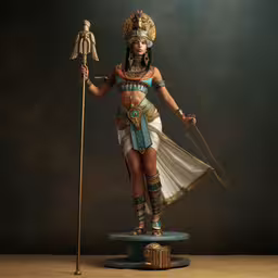 a woman dressed as egyptian pharaoh holding an object,a woman dressed as an egyptian queen is holding an object