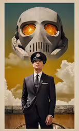 a man in a suit has a giant robot head on his head