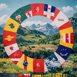 a colorful painting on display with mountains in the background