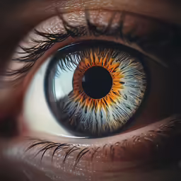 a closeup of an orange and yellow eye with black dots