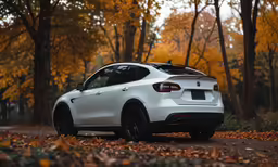 the rear of a white car driving down the road in autumn