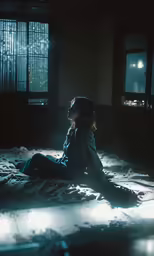 a girl laying on her side, staring into a room with windows