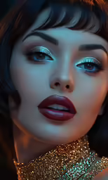 a woman with dark hair and metallic makeup posing in front of a black background