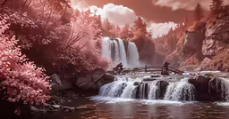 a painting of people walking over a bridge at the base of a waterfall