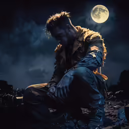 a man sitting on top of a rock under a full moon