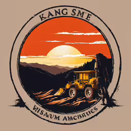 a round sign that says, kansas s m e,an old poster that depicts a tractor and mountain range