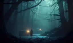 a person stands at the end of a dark road