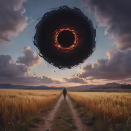 two people walking through a field with a giant ring in the middle