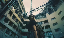 a man standing in front of a tall building