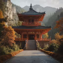 a large pagoda sits on a small road