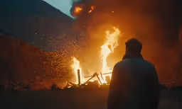 a person watches a bonfire as the fire is eruptting