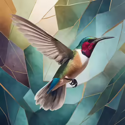a bird with a colorful beak is flying over some leaves