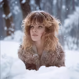 the woman has red hair wearing a furry jacket in a snowy forest