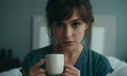 a woman holding a cup with the right hand