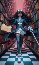 a woman is in a library with some books