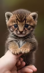 a hand holding a little kitten up to the camera
