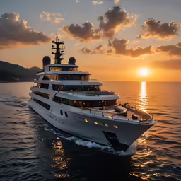 the large yacht sails through the ocean during a beautiful sunset