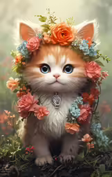 an adorable kitten is wearing a flower crown with a large blue eye