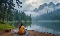 a woman and her dog sitting on a blanket looking out over a lake